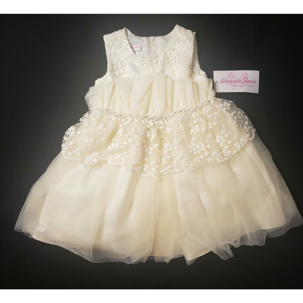 Bonnie‎ Jean Girl's 2T Dress Cream Tulle Floral Embroidered Easter Flower Girl